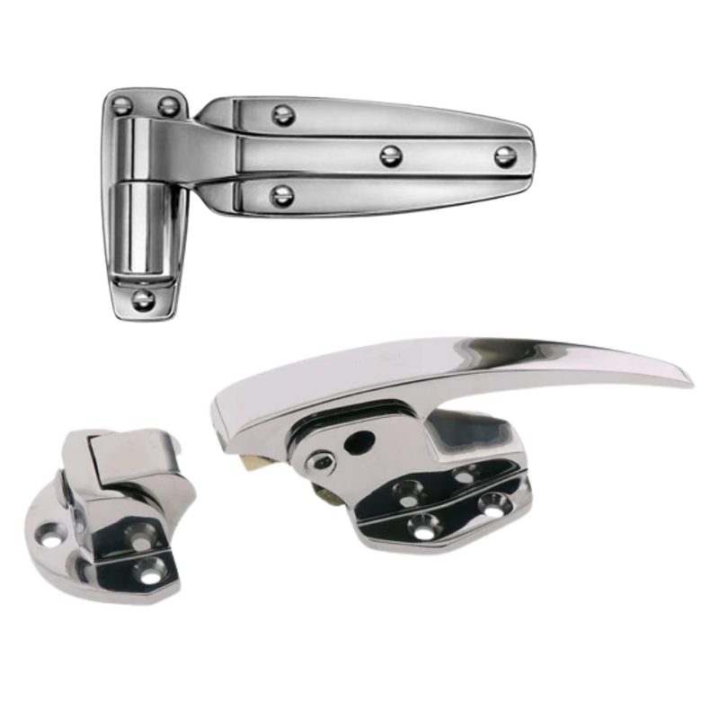 Commercial cooler door hinge and latch being serviced